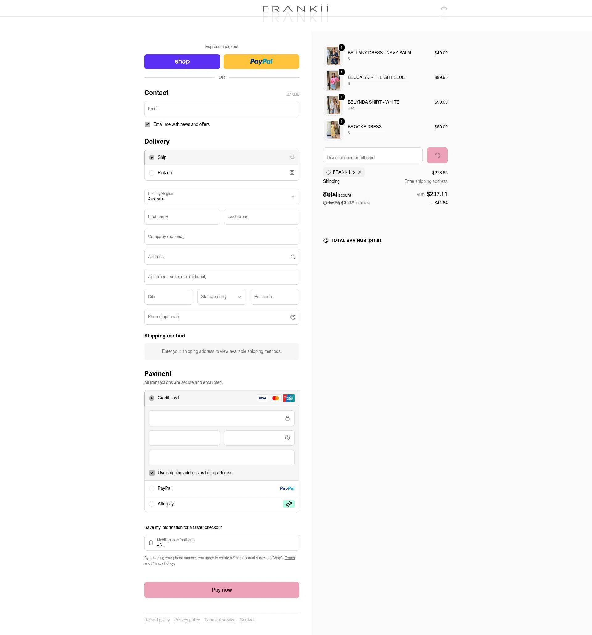 Frankii Clothing checkout page showing Frankii Clothing promo code box | Screenshot taken by SimplyCodes community member on Jan 30, 2026