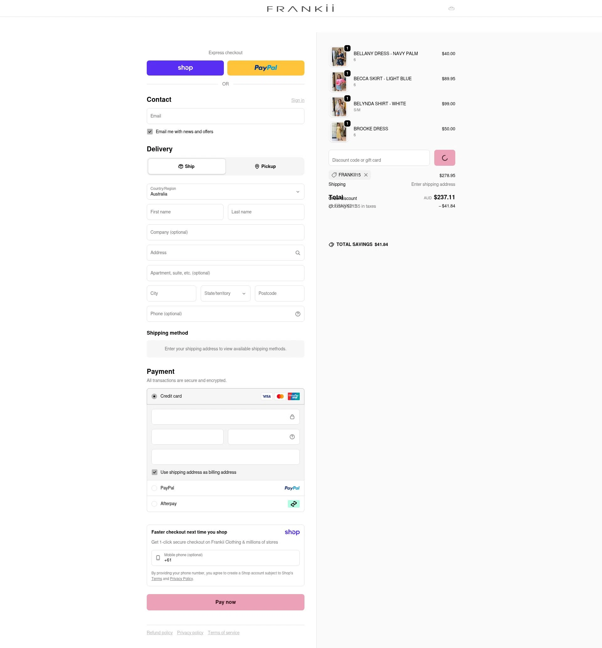 Frankii Clothing checkout page showing Frankii Clothing promo code box | Screenshot taken by SimplyCodes community member on Jan 16, 2026