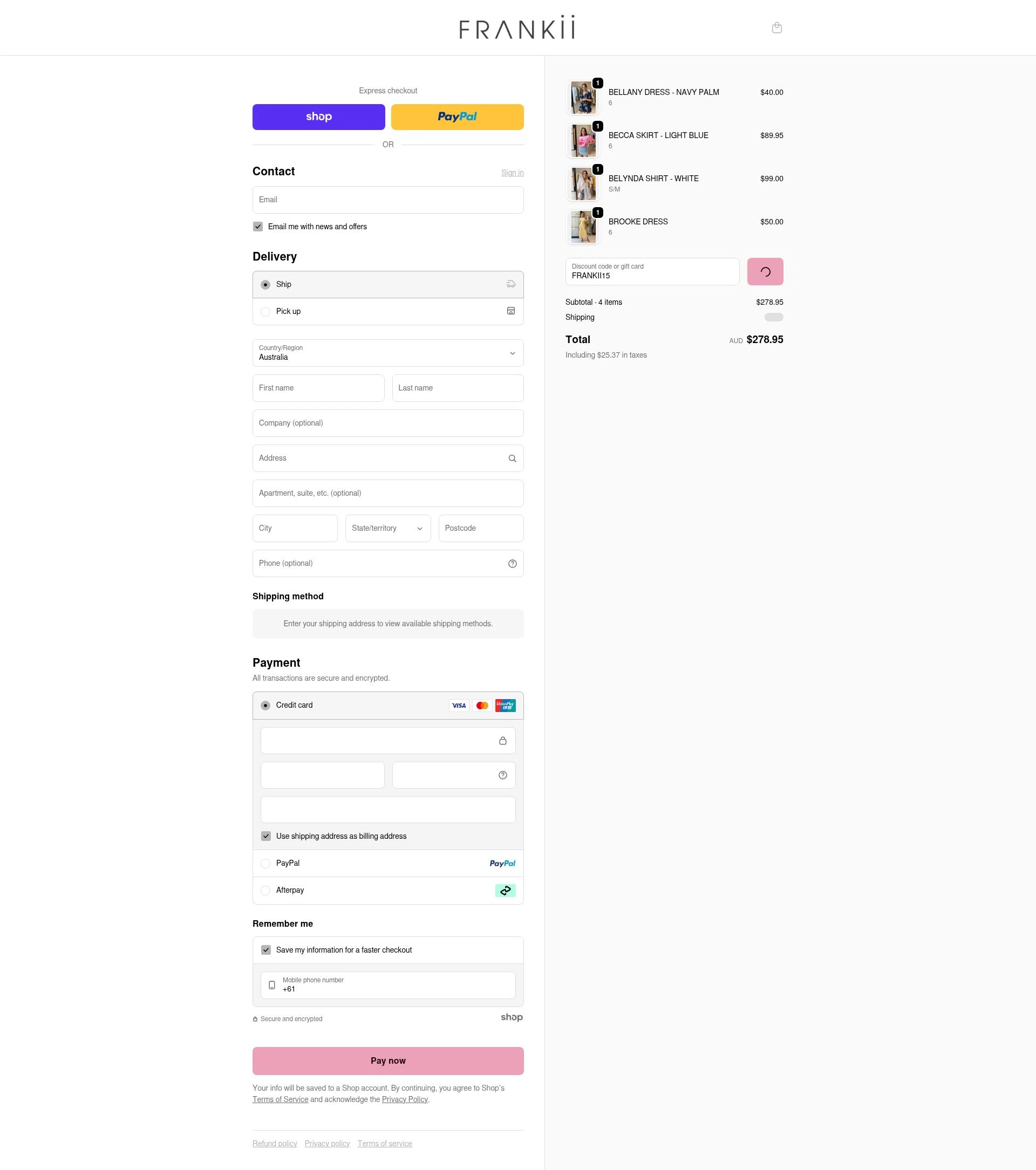 Frankii Clothing checkout page showing Frankii Clothing promo code box | Screenshot taken by SimplyCodes community member on Jan 26, 2026