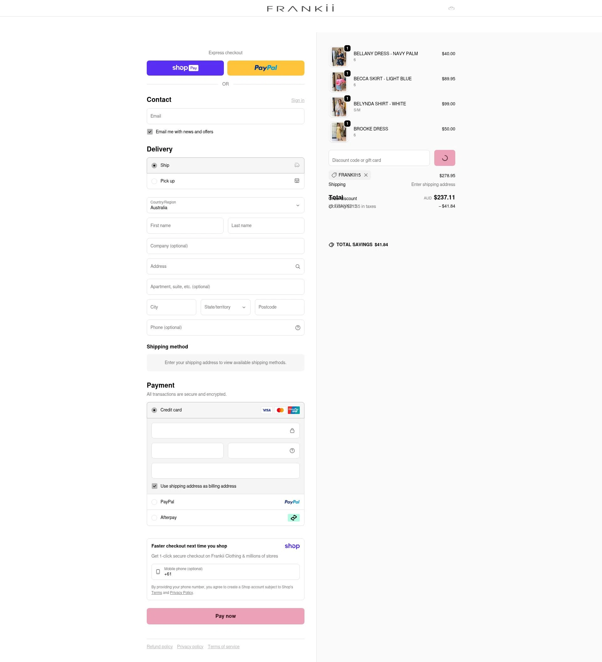 Frankii Clothing checkout page showing Frankii Clothing promo code box | Screenshot taken by SimplyCodes community member on Jan 11, 2026