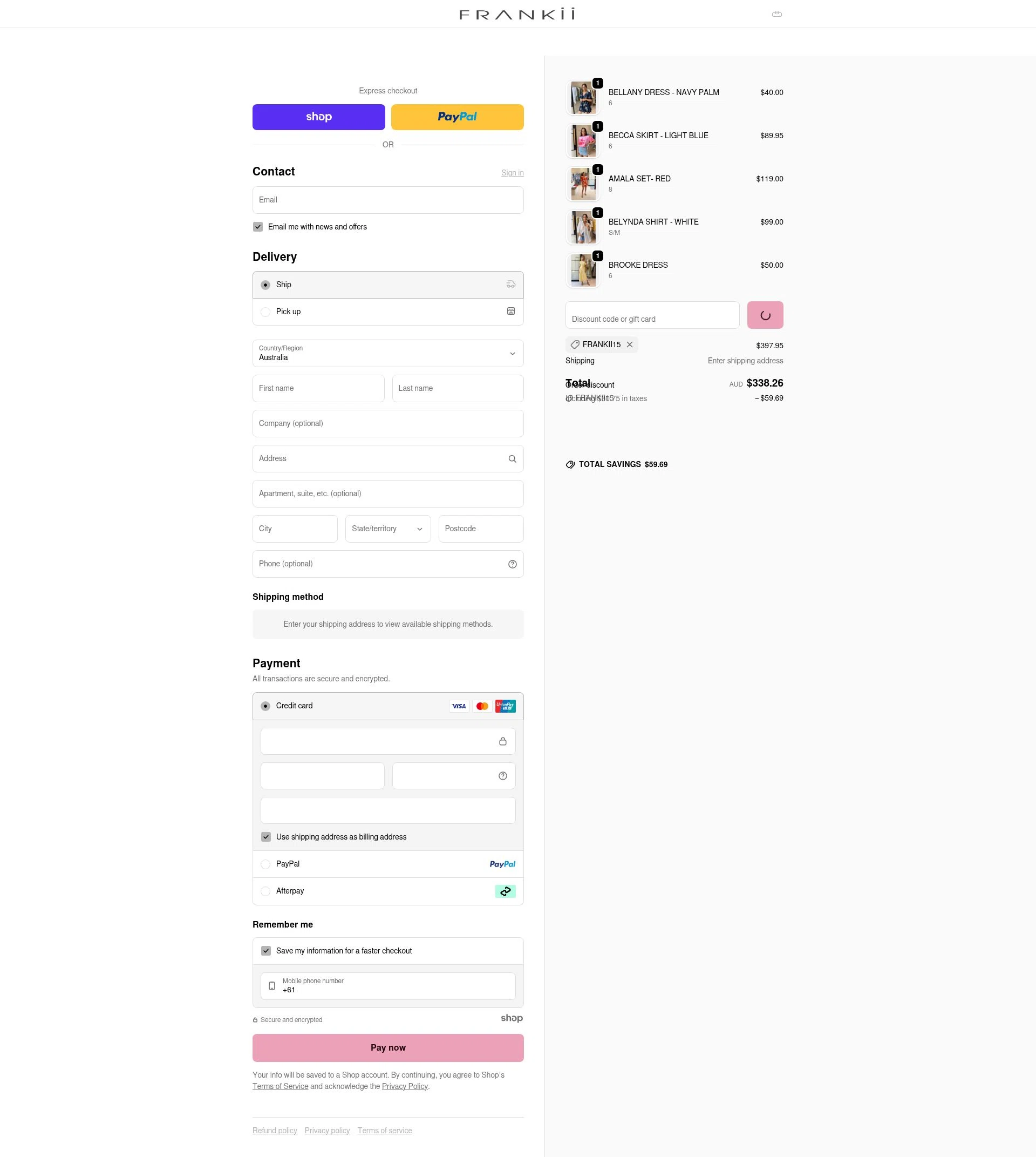 Frankii Clothing checkout page showing Frankii Clothing promo code box | Screenshot taken by SimplyCodes community member on Jan 6, 2026