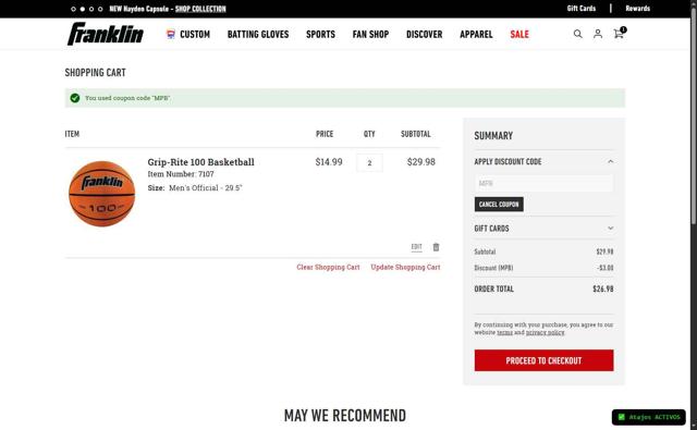 Franklin Sports checkout page showing Franklin Sports discount code box | Screenshot taken by SimplyCodes community member on Sep 11, 2025