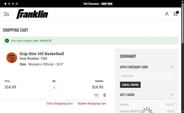 Franklin Sports checkout page showing Franklin Sports discount code box | Screenshot taken by SimplyCodes community member on Sep 11, 2025