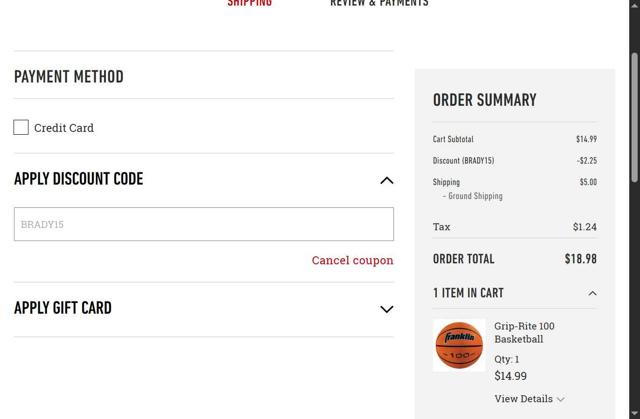 Franklin Sports checkout page showing Franklin Sports discount code box | Screenshot taken by SimplyCodes community member on Sep 2, 2025