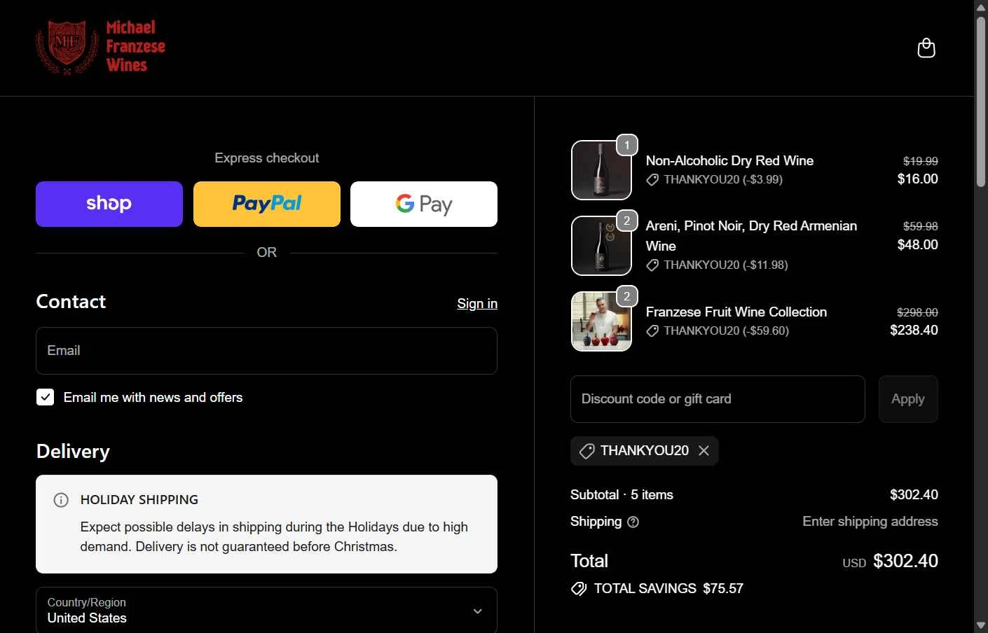Franzese Wine checkout page showing Franzese Wine promo code box | Screenshot taken by SimplyCodes community member on Jan 5, 2026