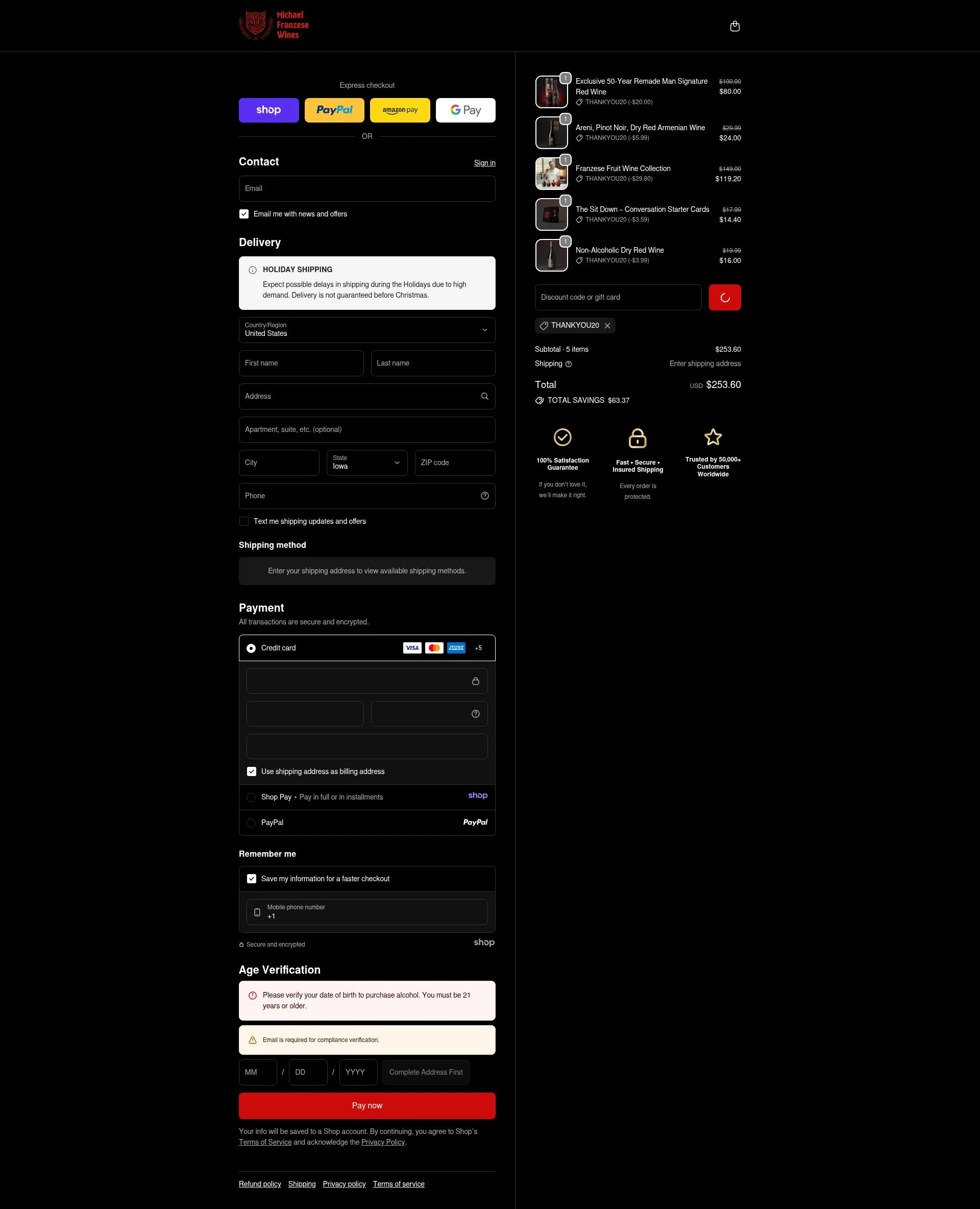 Franzese Wine checkout page showing Franzese Wine promo code box | Screenshot taken by SimplyCodes community member on Jan 8, 2026
