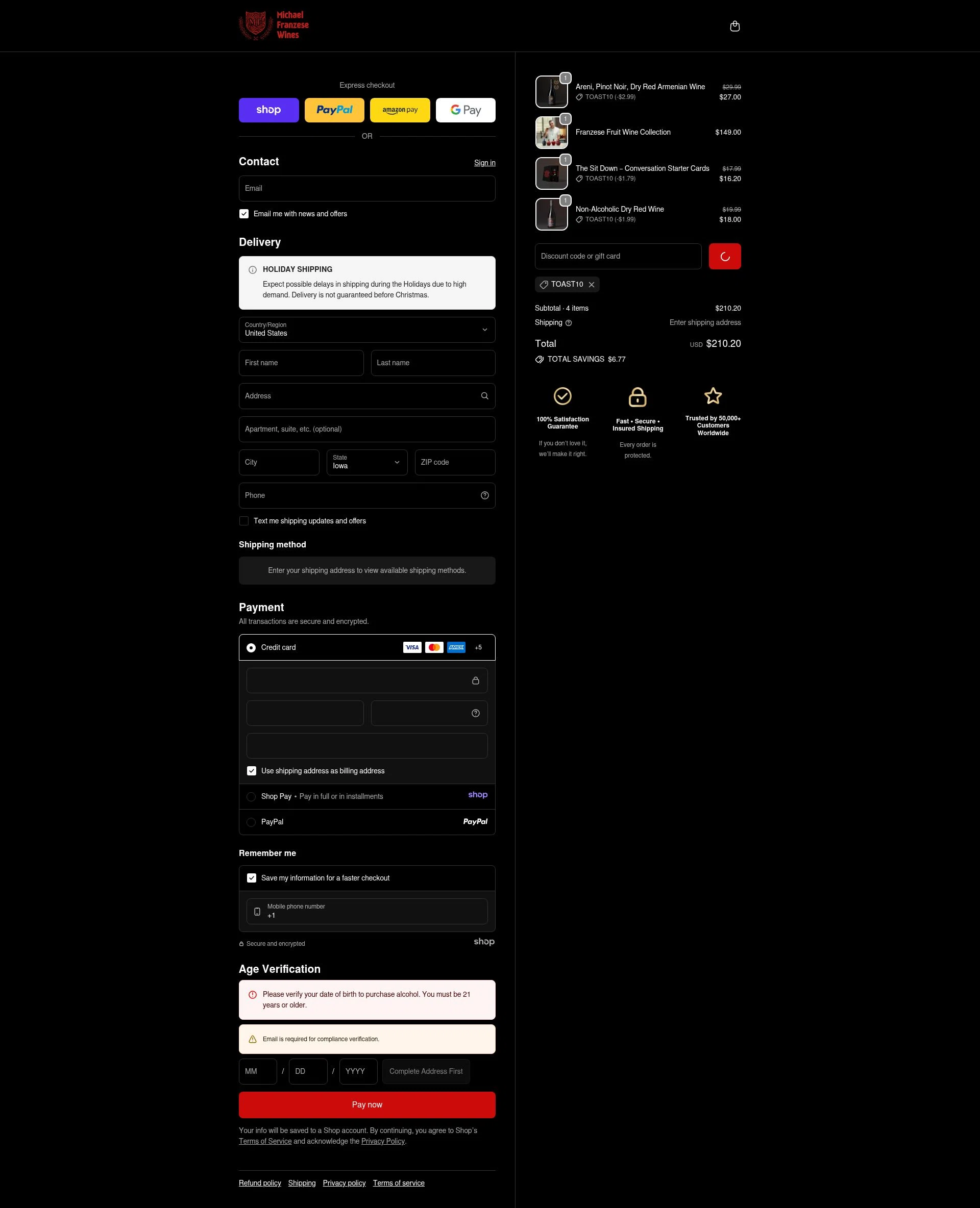 Franzese Wine checkout page showing Franzese Wine promo code box | Screenshot taken by SimplyCodes community member on Jan 3, 2026