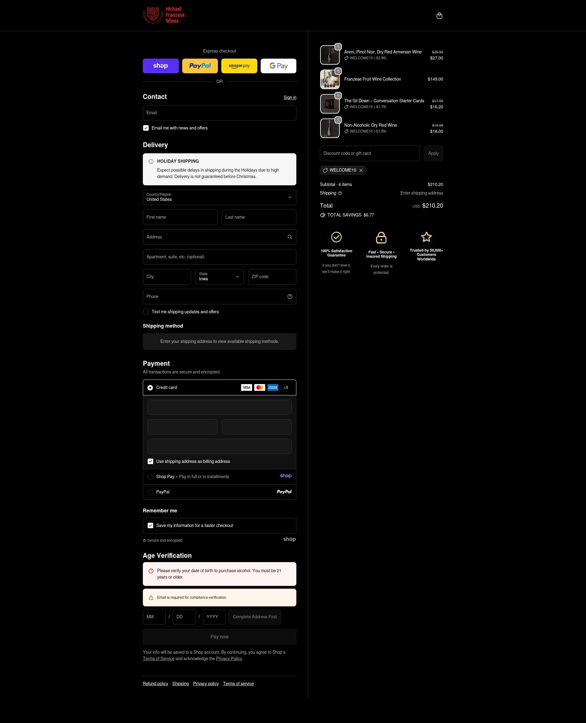 Franzese Wine checkout page showing Franzese Wine promo code box | Screenshot taken by SimplyCodes community member on Dec 29, 2025