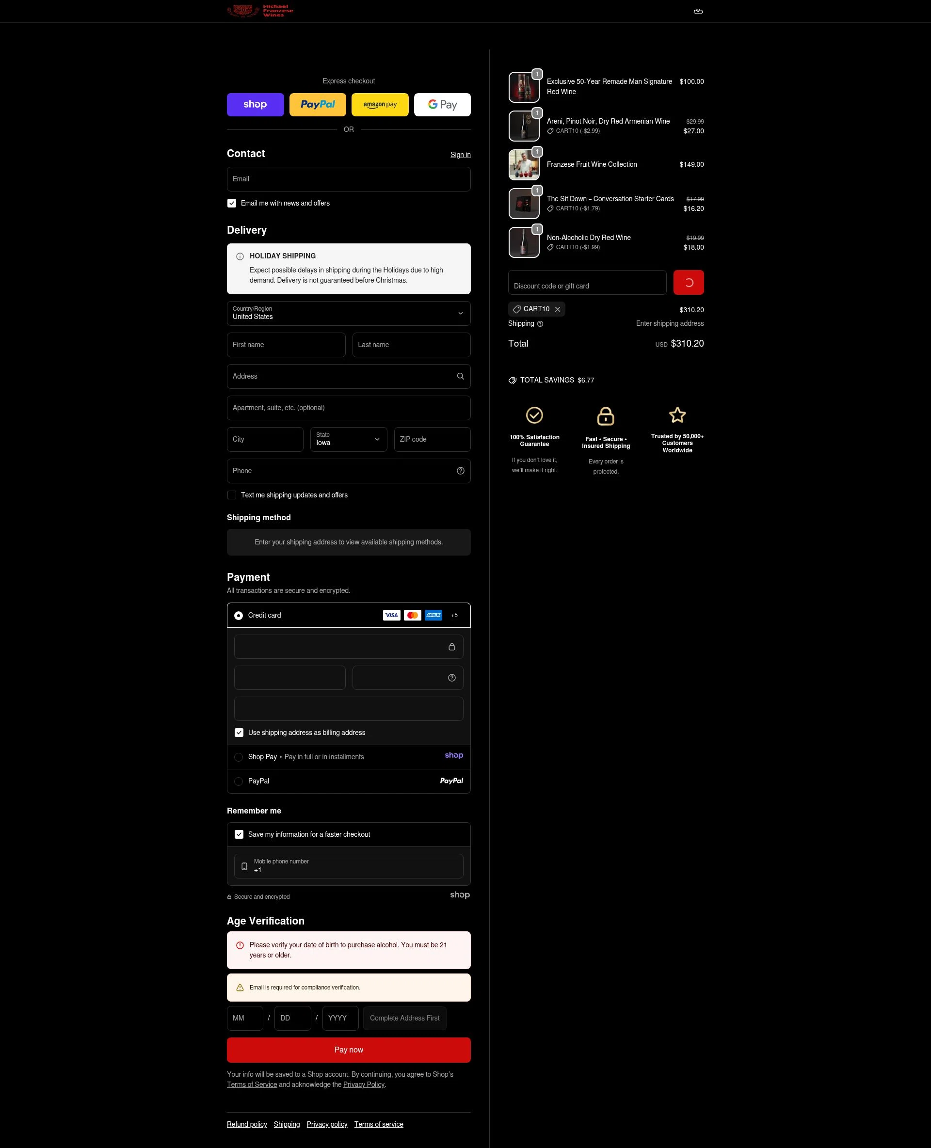 Franzese Wine checkout page showing Franzese Wine promo code box | Screenshot taken by SimplyCodes community member on Jan 8, 2026