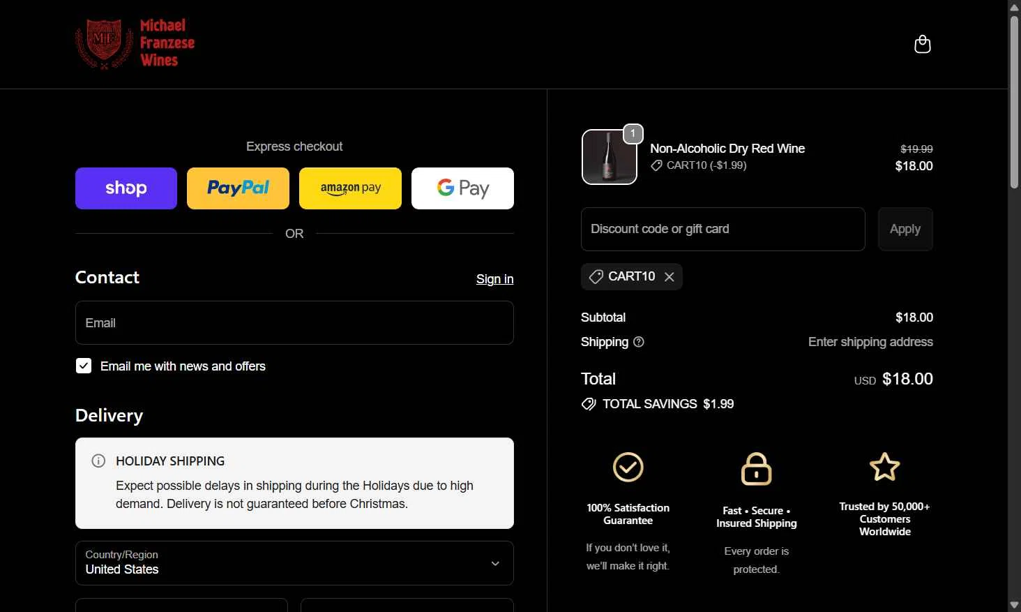 Franzese Wine checkout page showing Franzese Wine promo code box | Screenshot taken by SimplyCodes community member on Jan 5, 2026