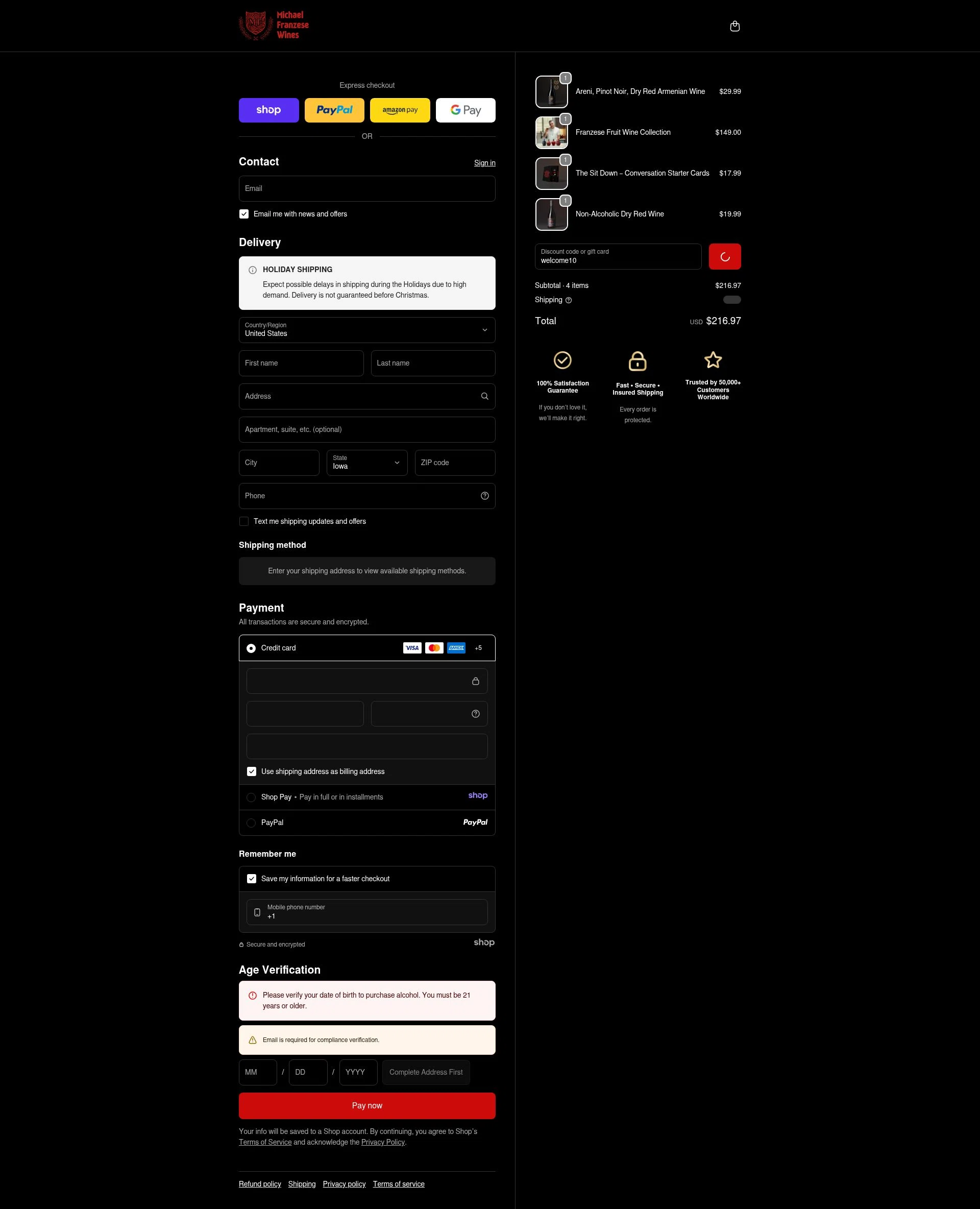 Franzese Wine checkout page showing Franzese Wine promo code box | Screenshot taken by SimplyCodes community member on Dec 24, 2025