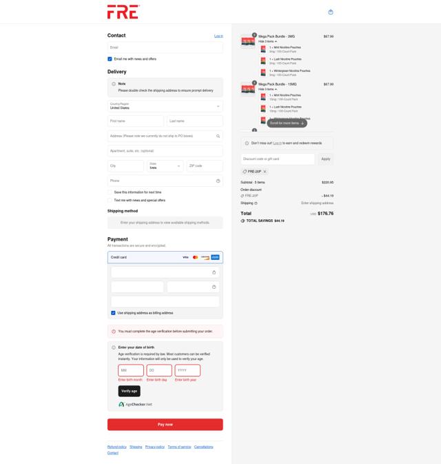 FRĒ Pouch checkout page showing FRĒ Pouch promo code box | Screenshot taken by SimplyCodes community member on Sep 7, 2025