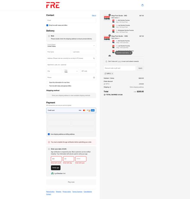 FRĒ Pouch checkout page showing FRĒ Pouch promo code box | Screenshot taken by SimplyCodes community member on Sep 11, 2025