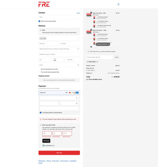 FRĒ Pouch checkout page showing FRĒ Pouch promo code box | Screenshot taken by SimplyCodes community member on Sep 7, 2025