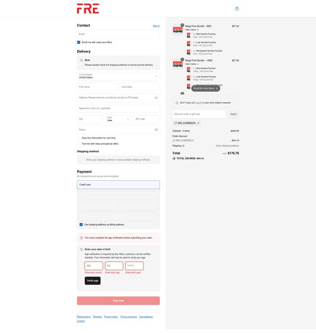 FRĒ Pouch checkout page showing FRĒ Pouch promo code box | Screenshot taken by SimplyCodes community member on Sep 11, 2025