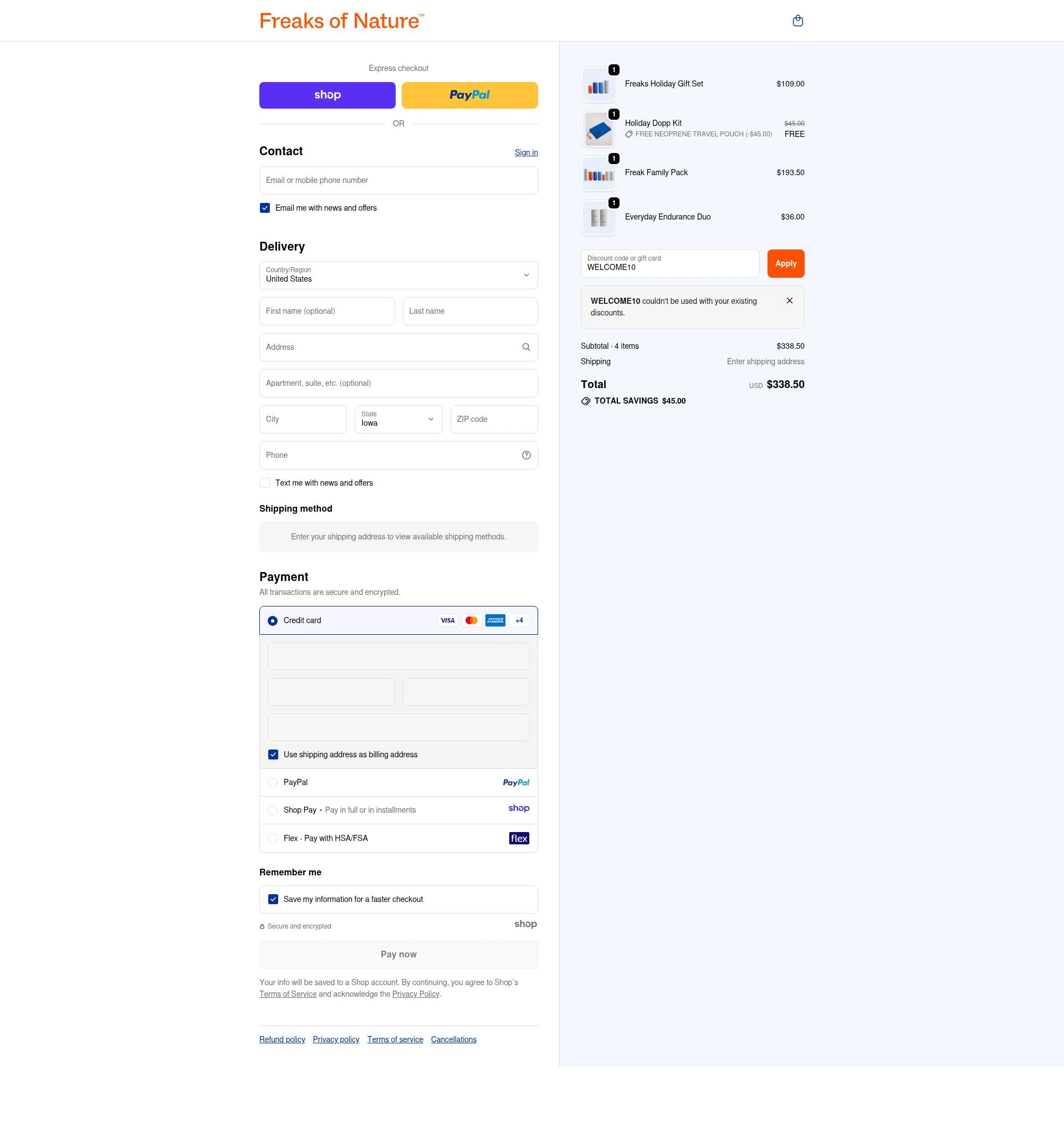 Freaks of Nature checkout page showing Freaks of Nature discount code box | Screenshot taken by SimplyCodes community member on Dec 15, 2025
