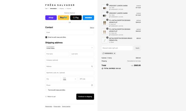 Freda Salvador checkout page showing Freda Salvador promo code box | Screenshot taken by SimplyCodes community member on Sep 12, 2025