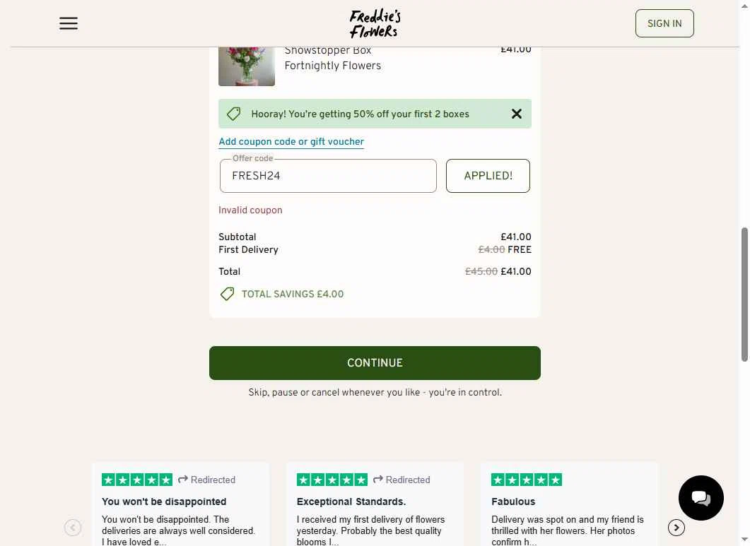 Freddie's Flowers checkout page showing Freddie's Flowers promo code box | Screenshot taken by SimplyCodes community member on Dec 19, 2025
