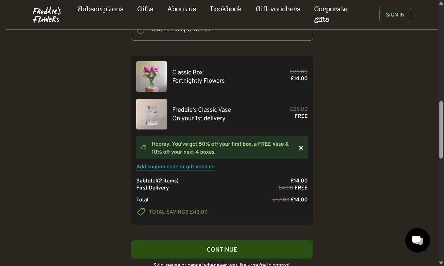 Freddie's Flowers checkout page showing Freddie's Flowers promo code box | Screenshot taken by SimplyCodes community member on Jan 8, 2026