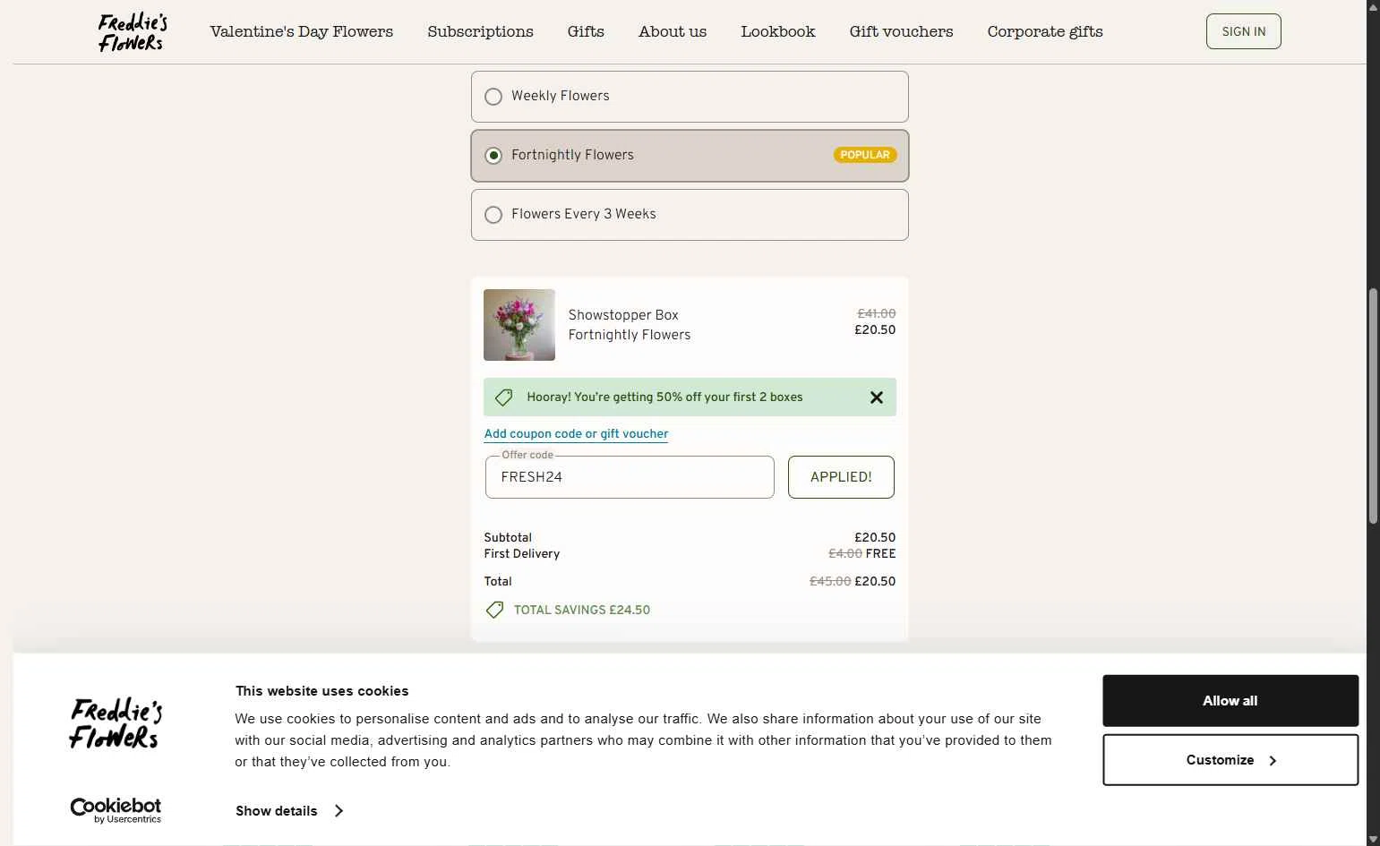 Freddie's Flowers checkout page showing Freddie's Flowers promo code box | Screenshot taken by SimplyCodes community member on Jan 29, 2026