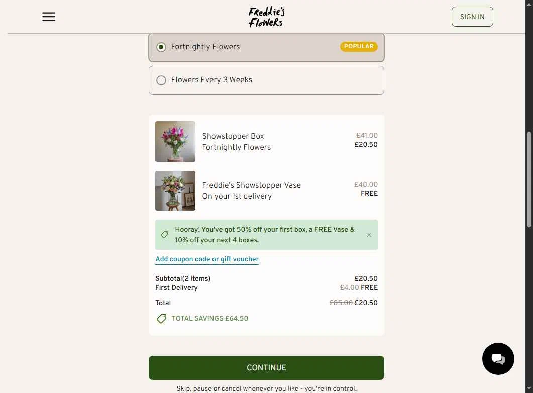 Freddie's Flowers checkout page showing Freddie's Flowers promo code box | Screenshot taken by SimplyCodes community member on Feb 6, 2026