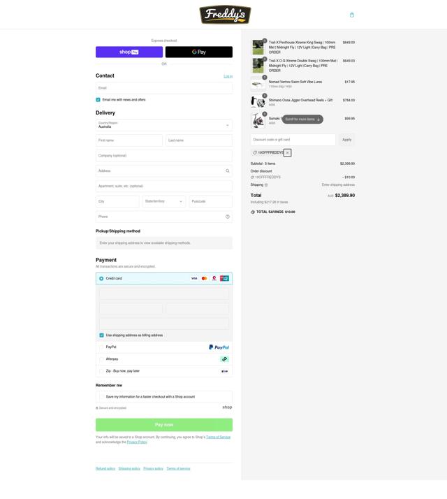Freddys checkout page showing Freddys discount code box | Screenshot taken by SimplyCodes community member on Feb 13, 2025