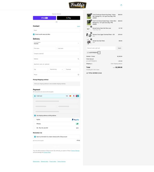 Freddys checkout page showing Freddys discount code box | Screenshot taken by SimplyCodes community member on Feb 17, 2025