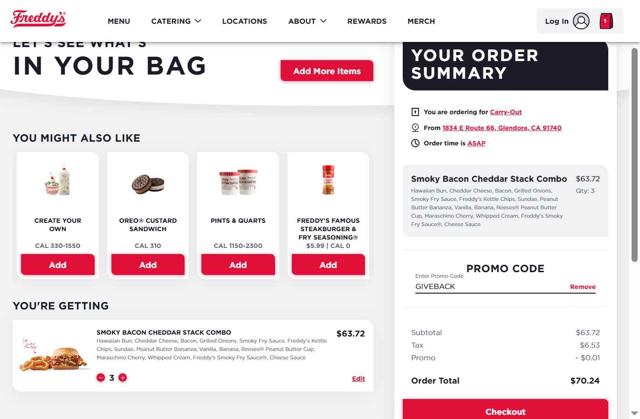 Freddy's checkout page showing Freddy's promo code box | Screenshot taken by SimplyCodes community member on Sep 7, 2025