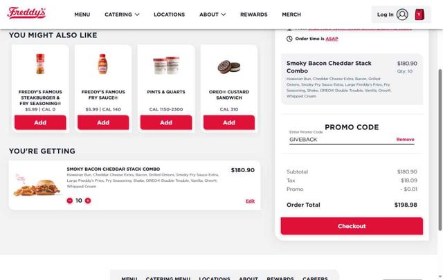 Freddy's checkout page showing Freddy's promo code box | Screenshot taken by SimplyCodes community member on Sep 4, 2025