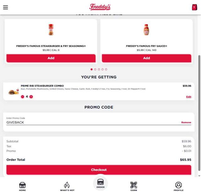 Freddy's checkout page showing Freddy's promo code box | Screenshot taken by SimplyCodes community member on Jul 31, 2025