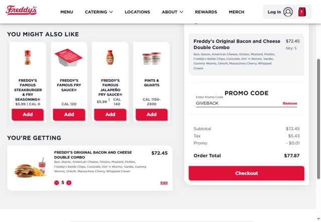Freddy's checkout page showing Freddy's promo code box | Screenshot taken by SimplyCodes community member on Aug 21, 2025