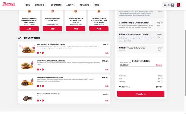 Freddy's checkout page showing Freddy's promo code box | Screenshot taken by SimplyCodes community member on Jul 14, 2025