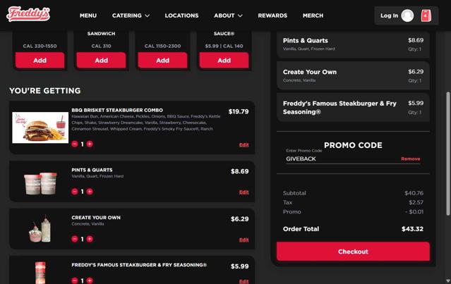 Freddy's checkout page showing Freddy's promo code box | Screenshot taken by SimplyCodes community member on Jul 9, 2025