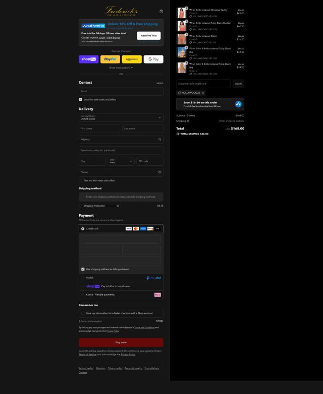 Frederick's of Hollywood checkout page showing Frederick's of Hollywood coupon code box | Screenshot taken by SimplyCodes community member on Aug 9, 2025