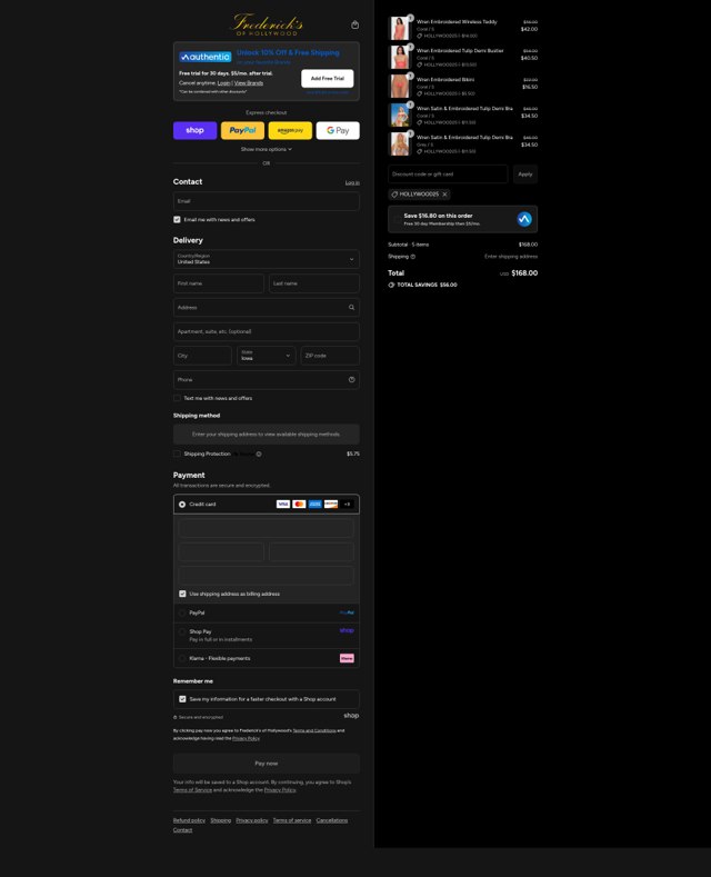 Frederick's of Hollywood checkout page showing Frederick's of Hollywood coupon code box | Screenshot taken by SimplyCodes community member on Aug 30, 2025