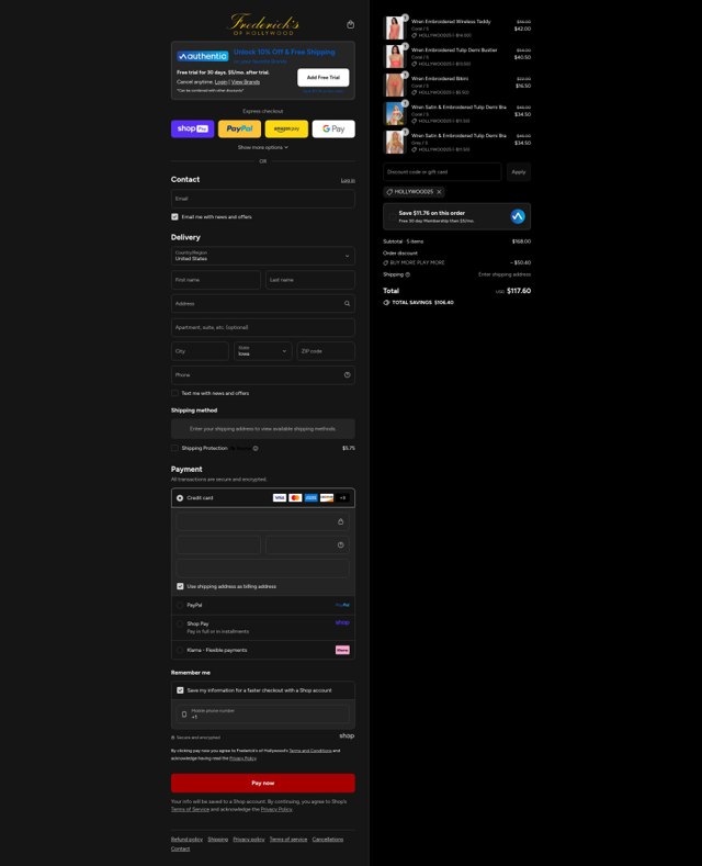 Frederick's of Hollywood checkout page showing Frederick's of Hollywood coupon code box | Screenshot taken by SimplyCodes community member on Aug 17, 2025