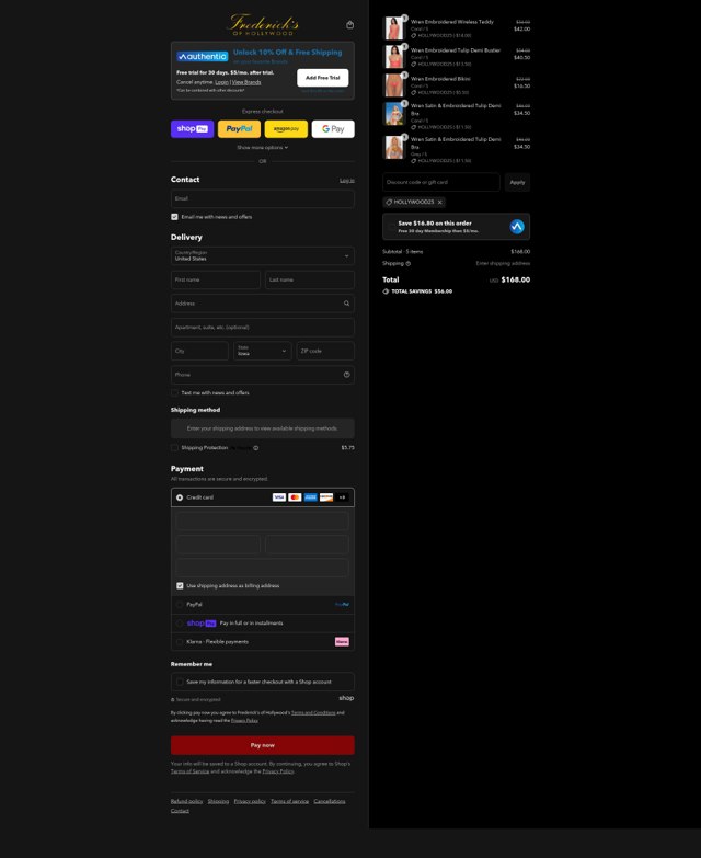 Frederick's of Hollywood checkout page showing Frederick's of Hollywood coupon code box | Screenshot taken by SimplyCodes community member on Aug 13, 2025