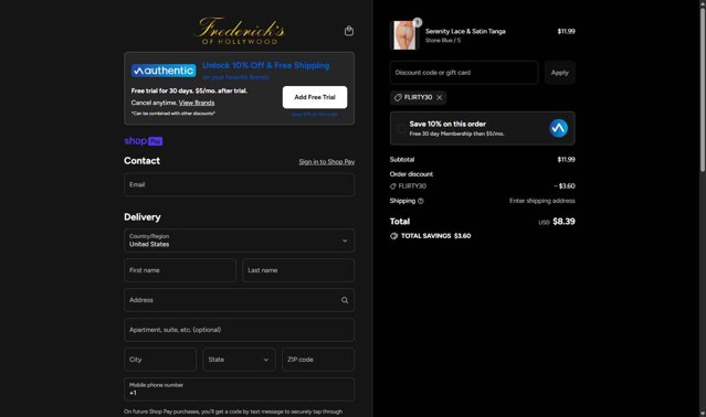 Frederick's of Hollywood checkout page showing Frederick's of Hollywood coupon code box | Screenshot taken by SimplyCodes community member on Aug 28, 2025
