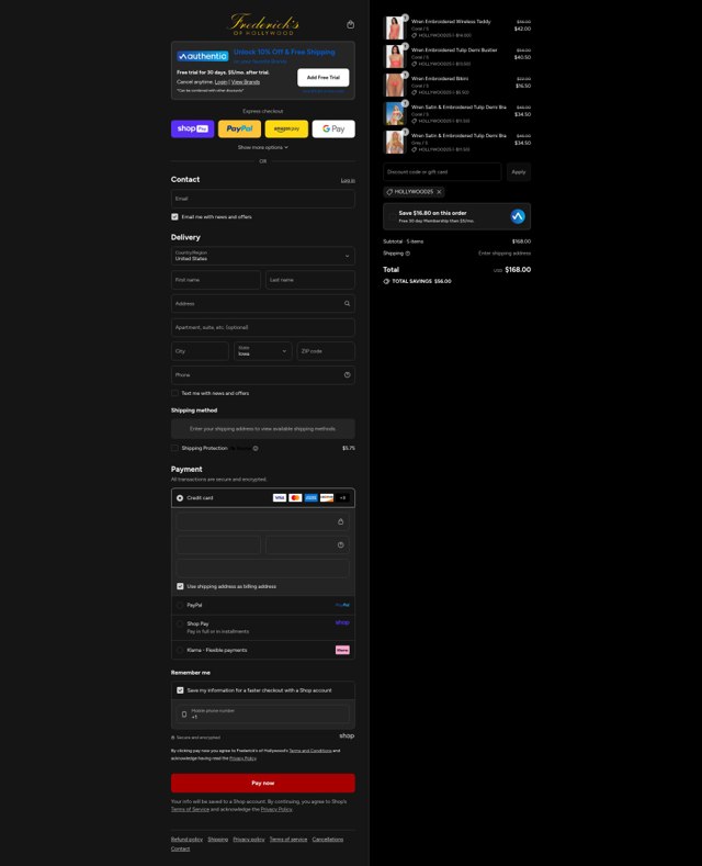 Frederick's of Hollywood checkout page showing Frederick's of Hollywood coupon code box | Screenshot taken by SimplyCodes community member on Aug 26, 2025