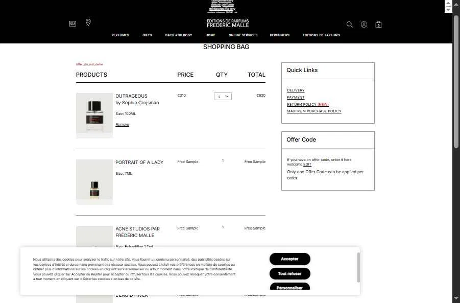 Frederic Malle checkout page showing Frederic Malle promo code box | Screenshot taken by SimplyCodes community member on Aug 16, 2025