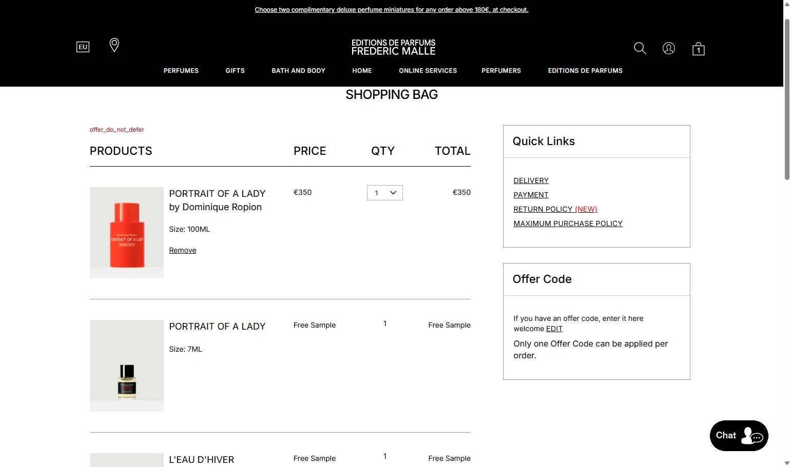 Frederic Malle checkout page showing Frederic Malle promo code box | Screenshot taken by SimplyCodes community member on Sep 14, 2025