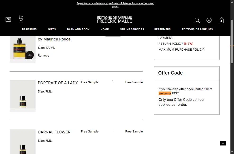 Frederic Malle checkout page showing Frederic Malle promo code box | Screenshot taken by SimplyCodes community member on May 9, 2025