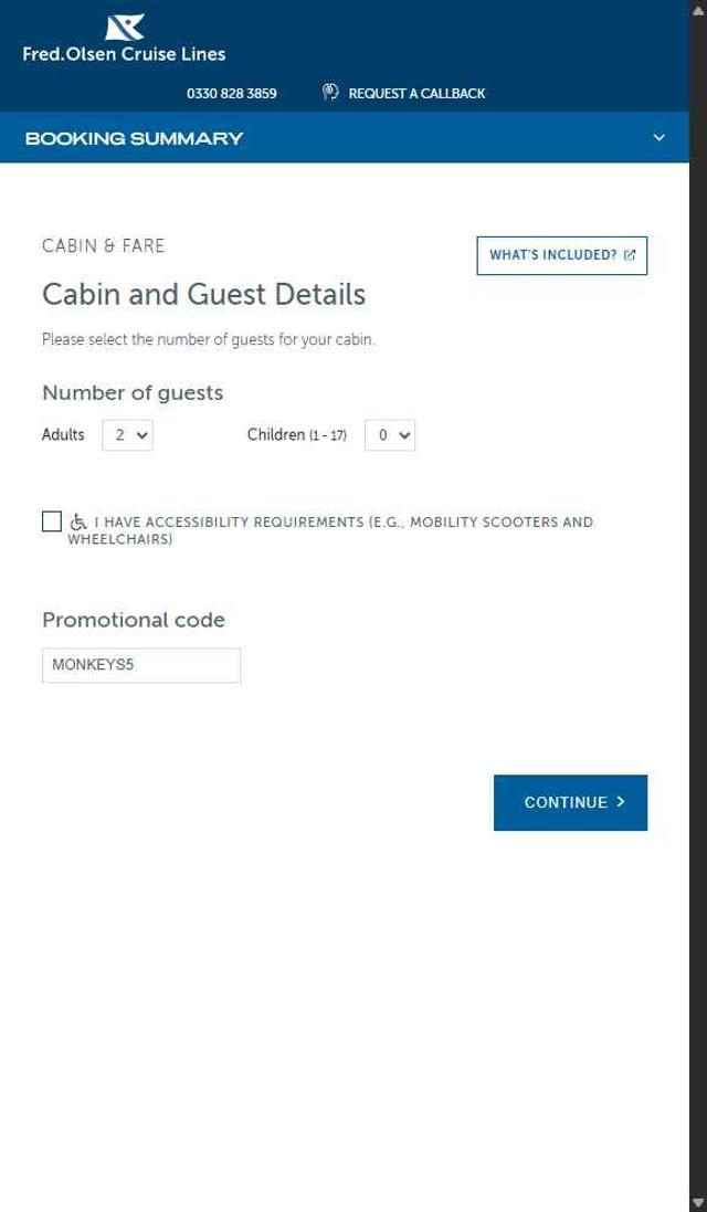Fred Olsen Cruise Lines checkout page showing Fred Olsen Cruise Lines promo code box | Screenshot taken by SimplyCodes community member on Aug 27, 2025