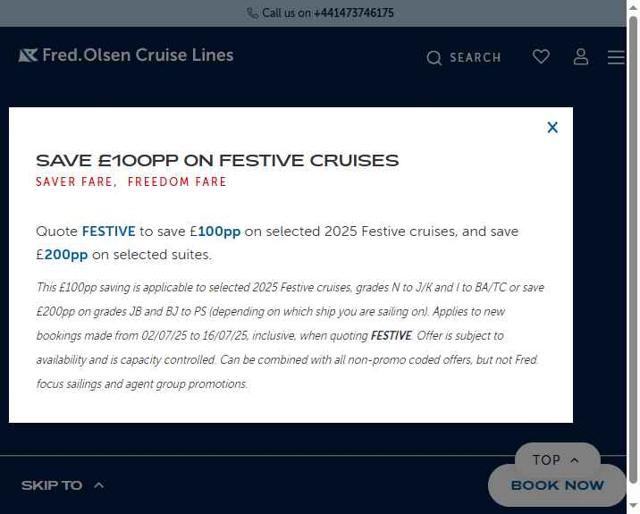 Fred Olsen Cruise Lines checkout page showing Fred Olsen Cruise Lines promo code box | Screenshot taken by SimplyCodes community member on Jul 2, 2025