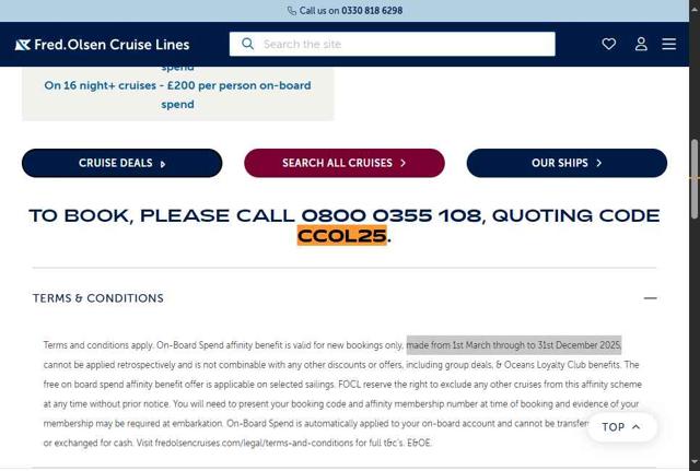 Fred Olsen Cruise Lines checkout page showing Fred Olsen Cruise Lines promo code box | Screenshot taken by SimplyCodes community member on Jul 30, 2025