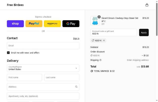 Free Birdees checkout page showing Free Birdees discount code box | Screenshot taken by SimplyCodes community member on Sep 14, 2025
