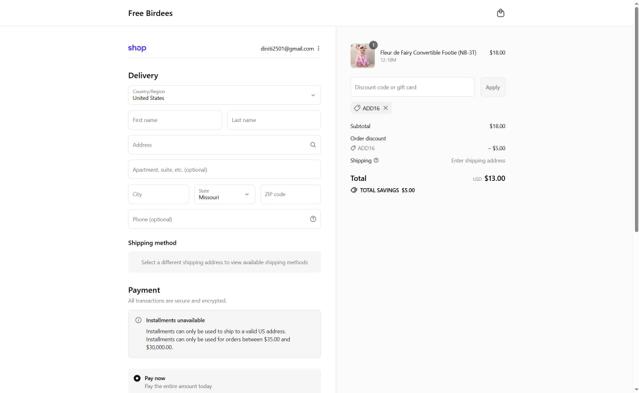 Free Birdees checkout page showing Free Birdees discount code box | Screenshot taken by SimplyCodes community member on Sep 12, 2025