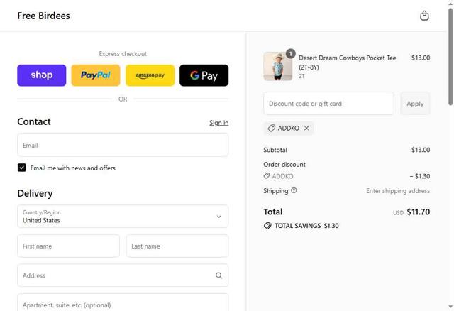 Free Birdees checkout page showing Free Birdees discount code box | Screenshot taken by SimplyCodes community member on Sep 13, 2025