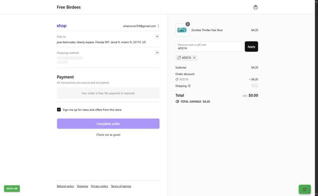 Free Birdees checkout page showing Free Birdees discount code box | Screenshot taken by SimplyCodes community member on Sep 12, 2025