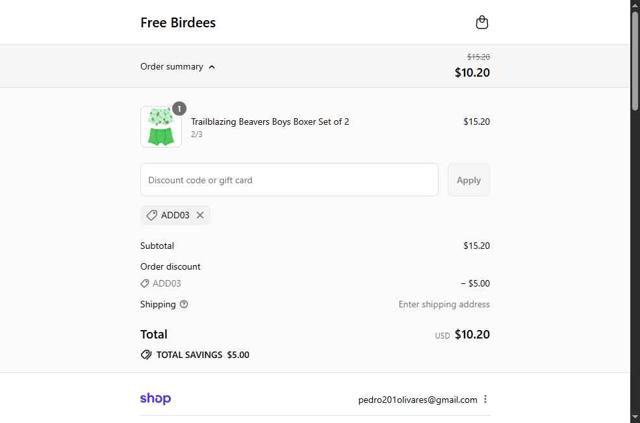Free Birdees checkout page showing Free Birdees discount code box | Screenshot taken by SimplyCodes community member on Sep 14, 2025